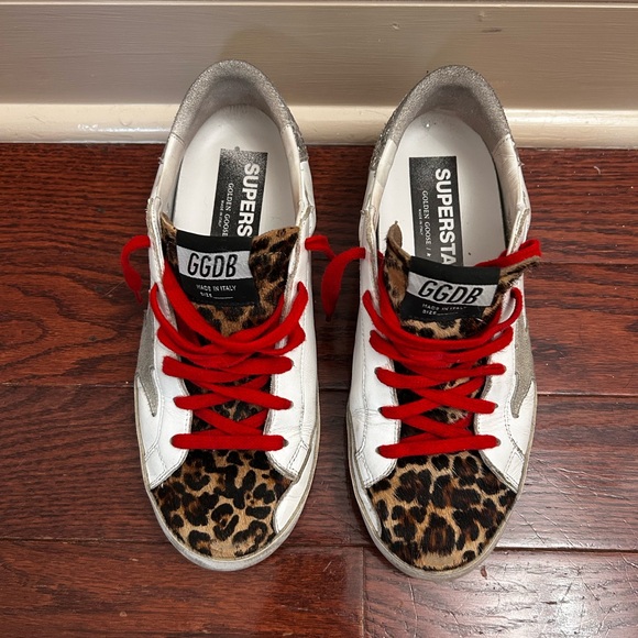 Golden Goose Superstar Sneakers in Leopard Print with Red Laces